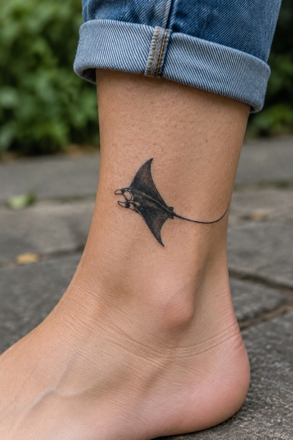 Blackwork manta ray tattoo placed on the outer ankle with shaded wings and a thin trailing tail
