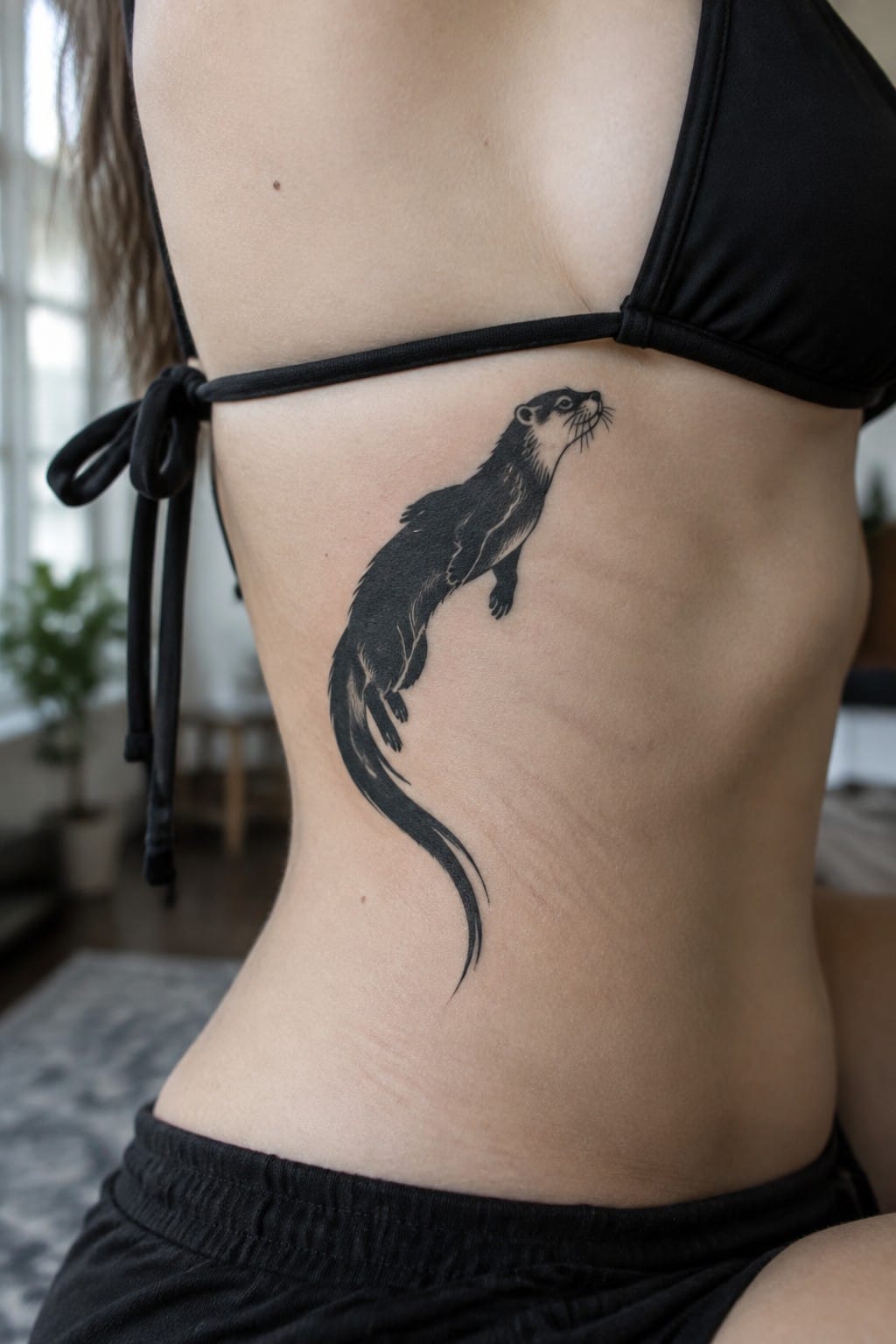 Black otter tattoo on side under black bikini top strings