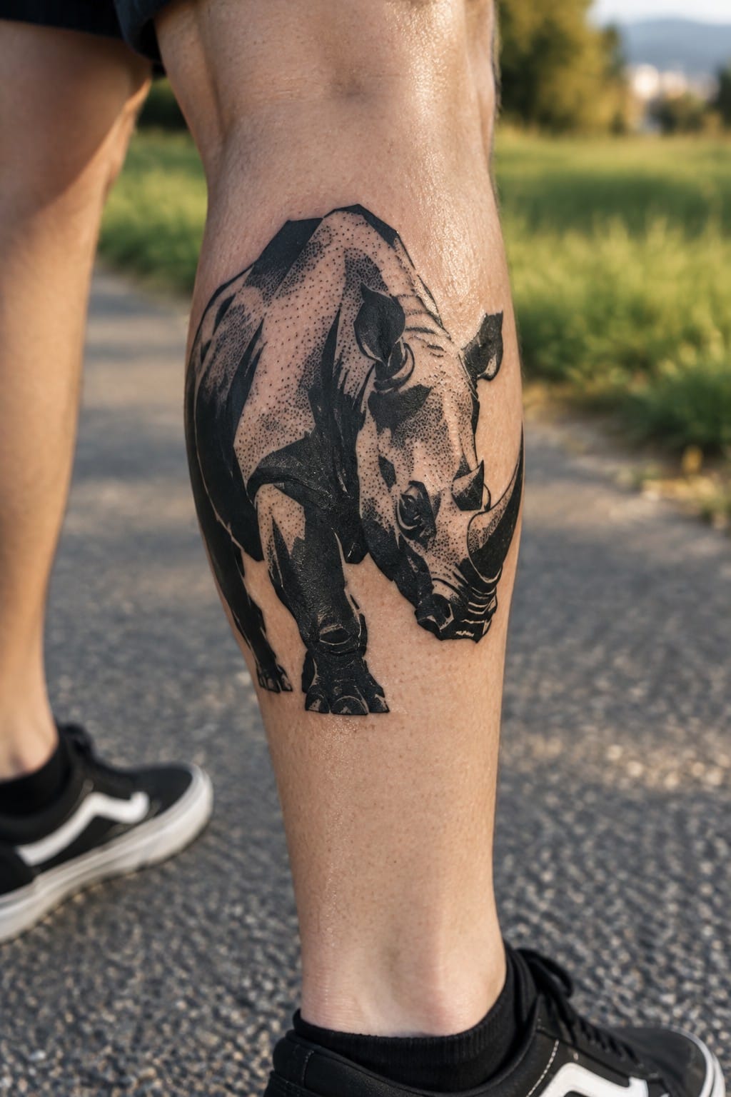 Blackwork rhino tattoo on the calf with bold black areas and dot shading in profile view