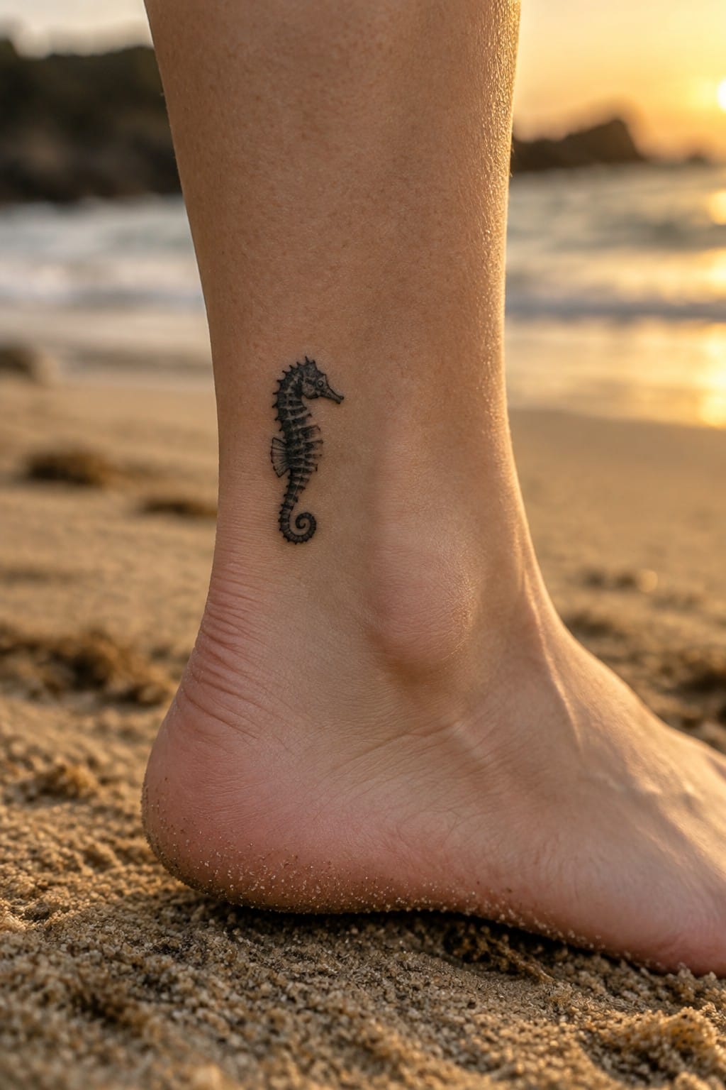 Small blackwork seahorse tattoo on the outer ankle above the foot on a sandy beach at sunset.