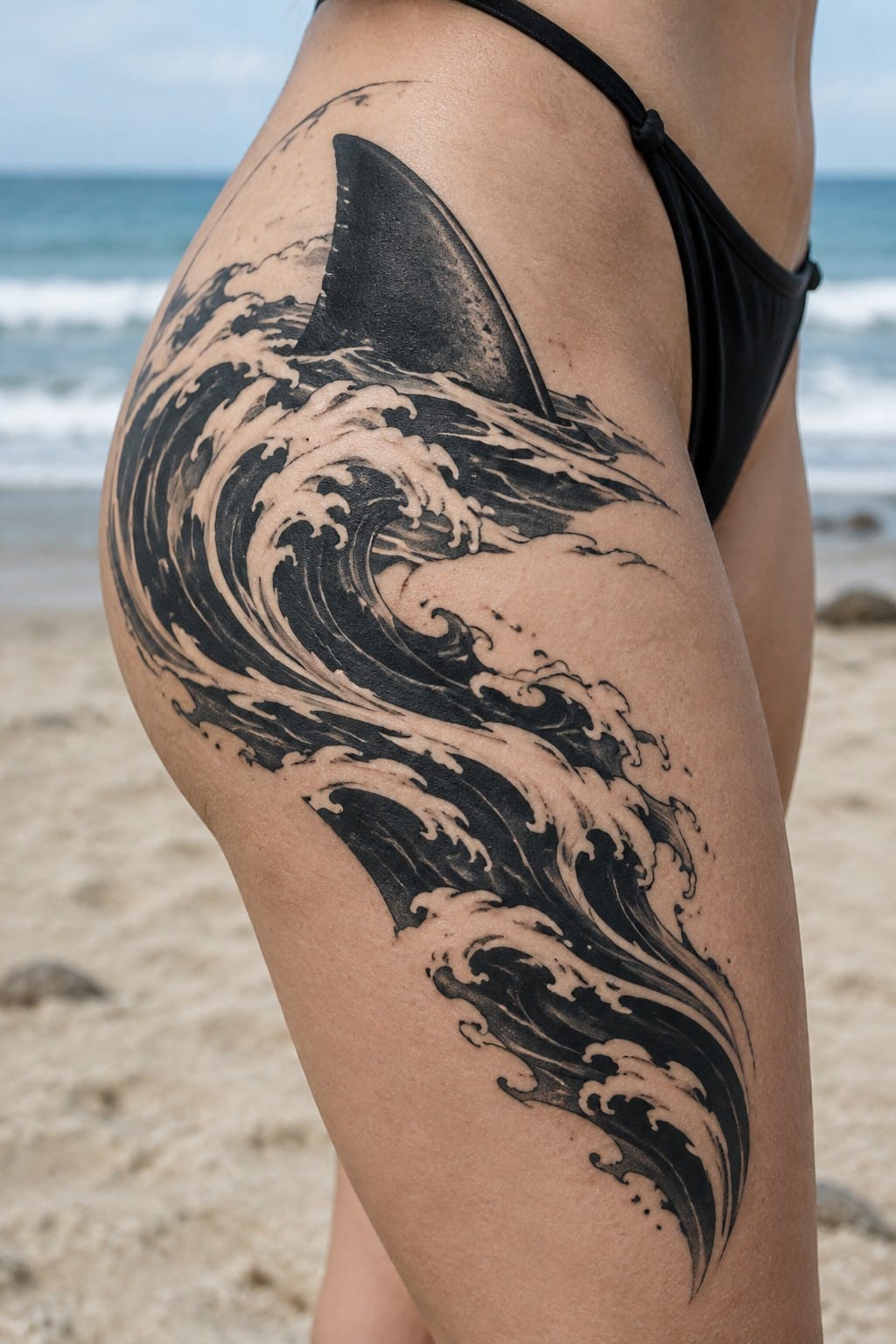 Large black wave tattoo with shark fin on thigh by ocean in black bikini