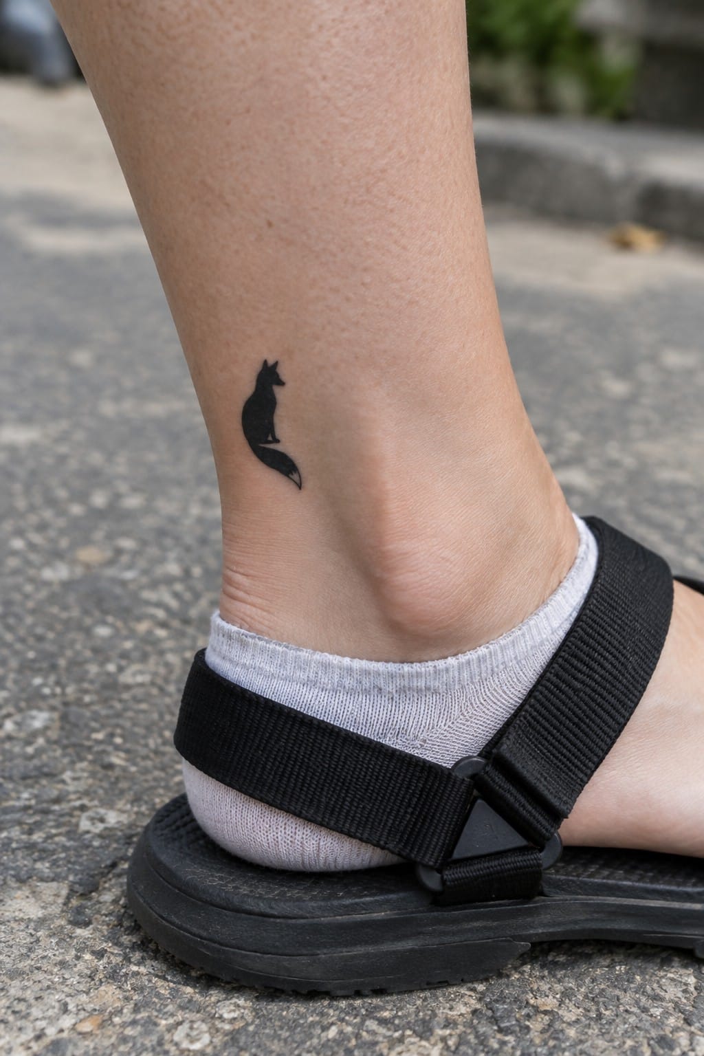 Black fox tattoo on ankle above white sock and black sandal on pavement