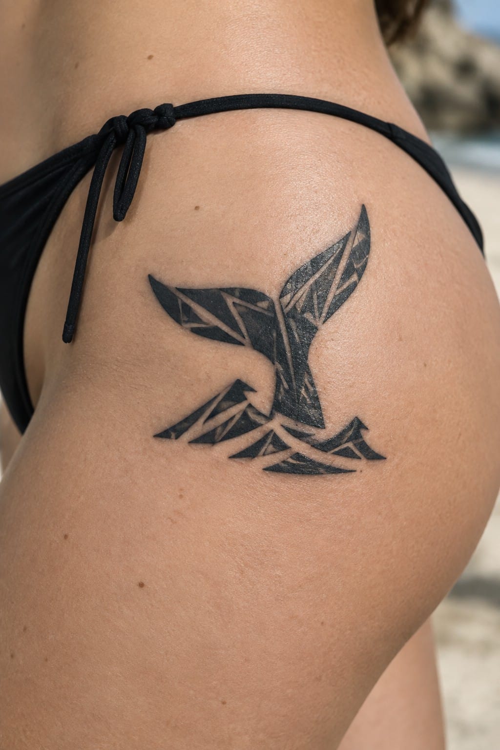 Geometric black whale tail tattoo with waves beside black bikini tie
