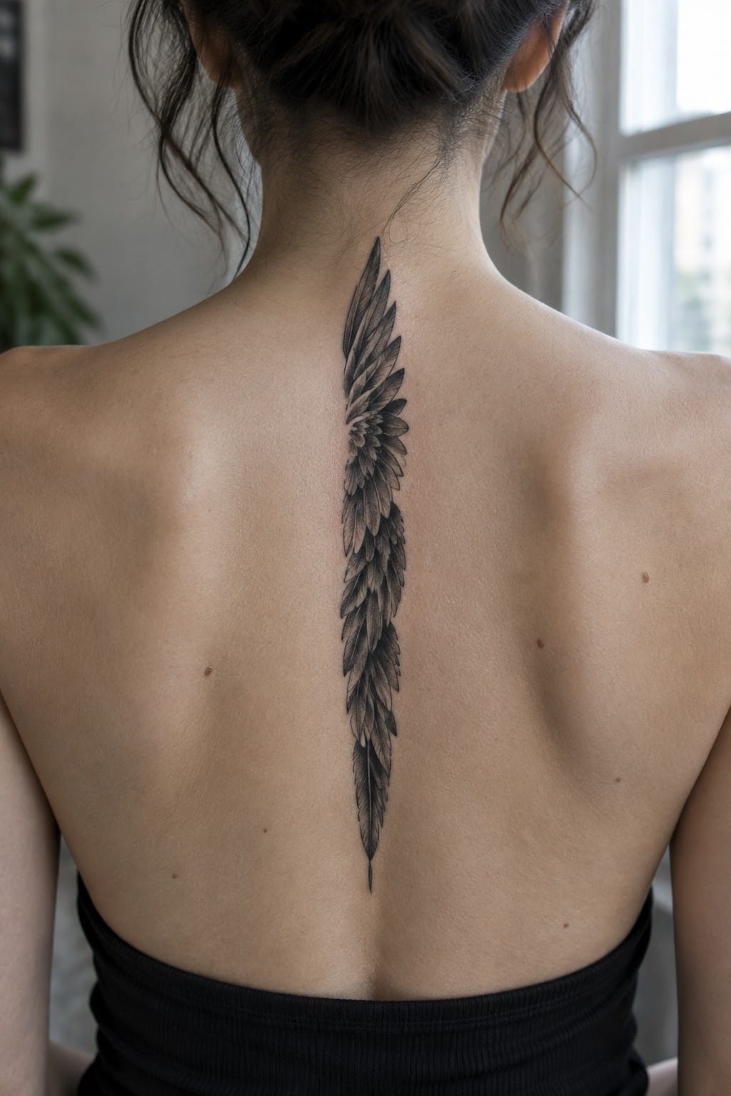 Woman's back with long black feathered wing tattoo along spine, black top.