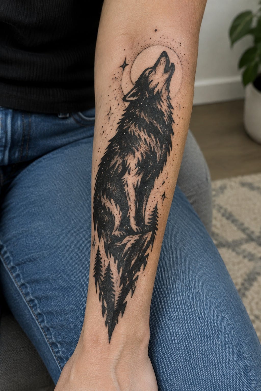 Blackwork wolf howling at the moon on the forearm with pine trees at the base