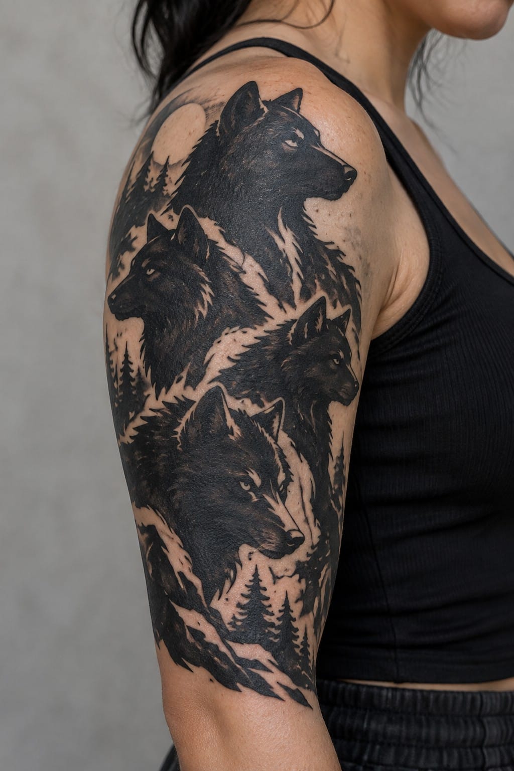 Black tank top with large realistic black wolf pack tattoo on upper arm