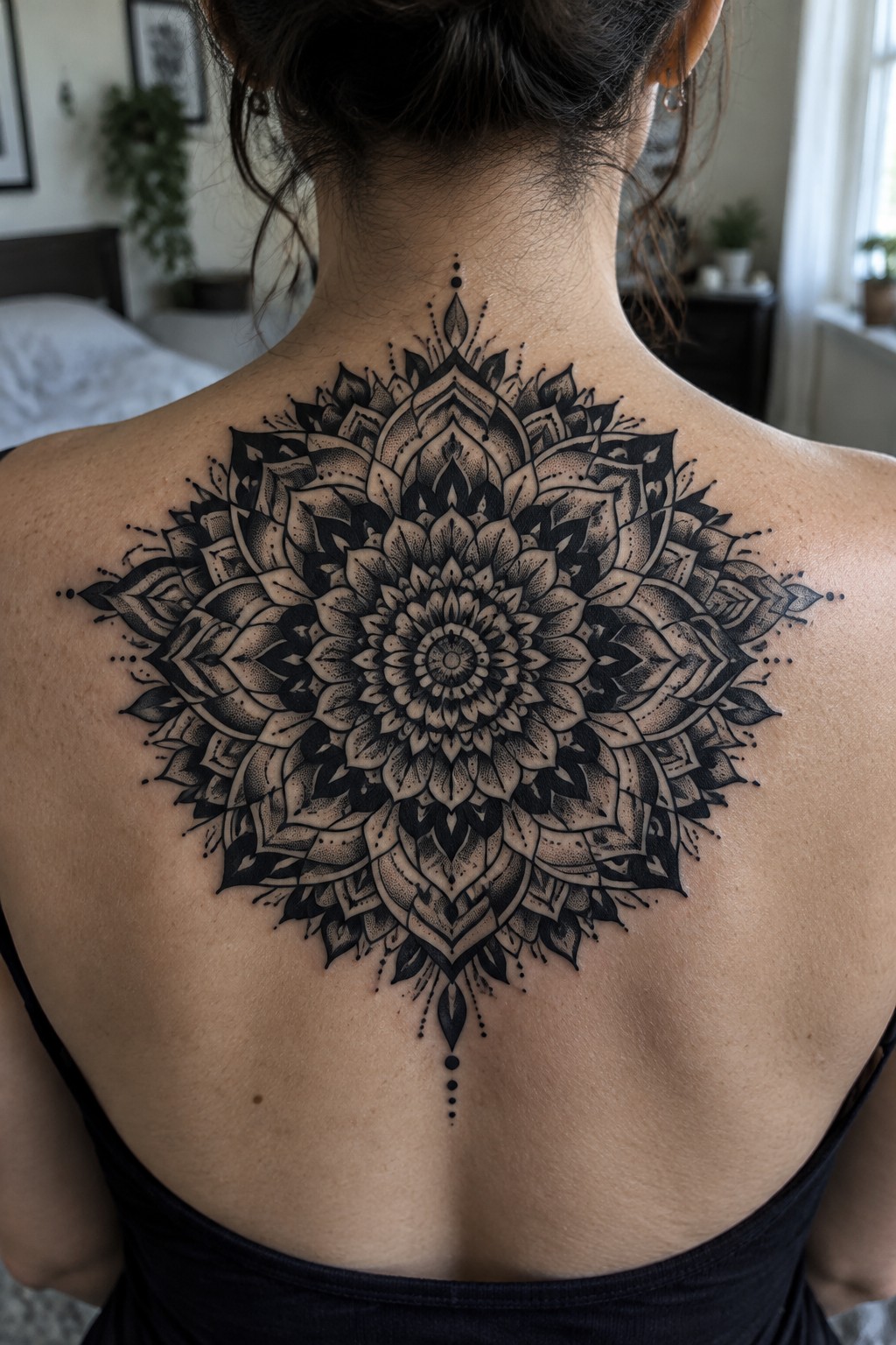Woman's upper back with large intricate black mandala tattoo and dark hair in bun
