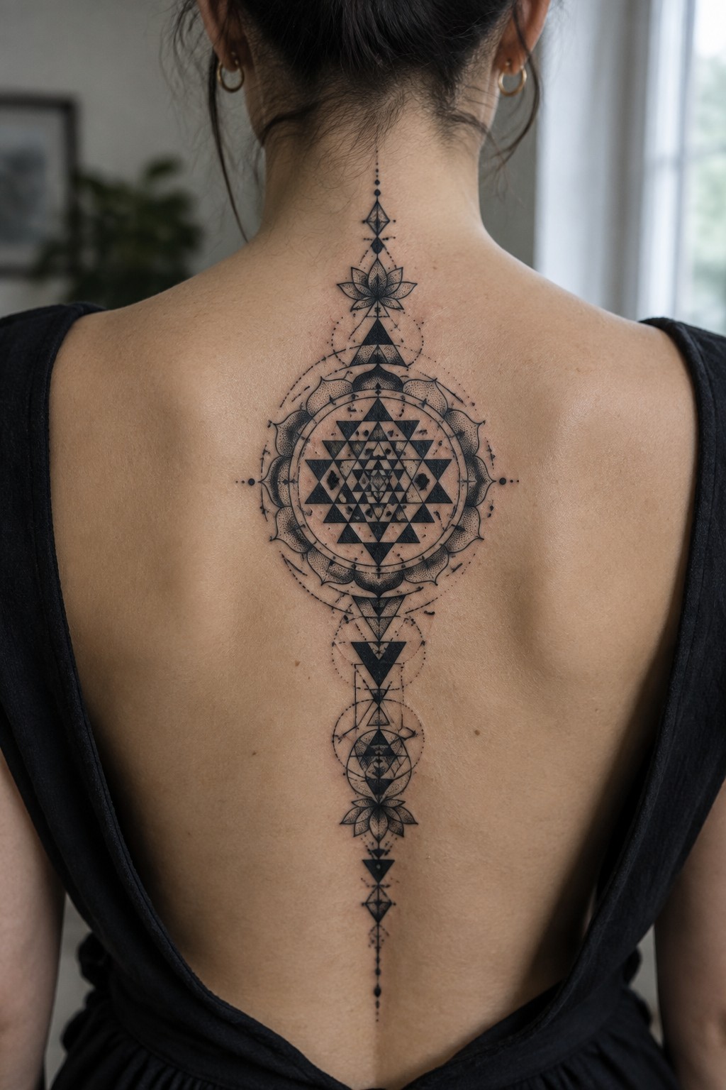 Woman's back with large black mandala tattoo of triangles, circles, and lotuses along spine