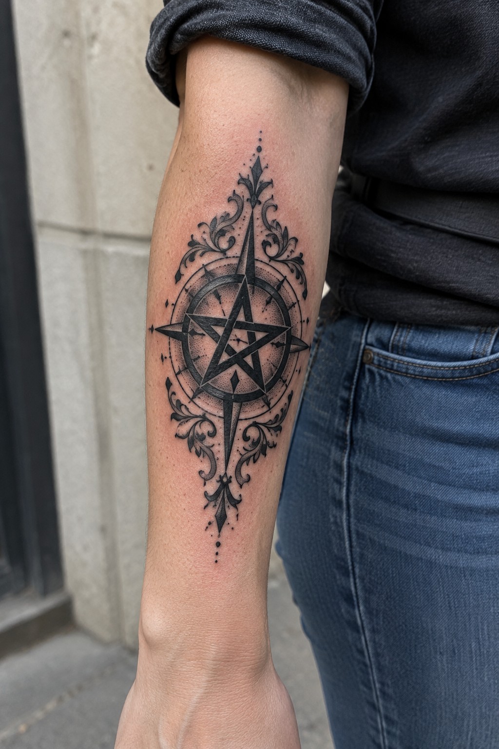 Black ornate pentagram compass tattoo on forearm beside blue jeans.