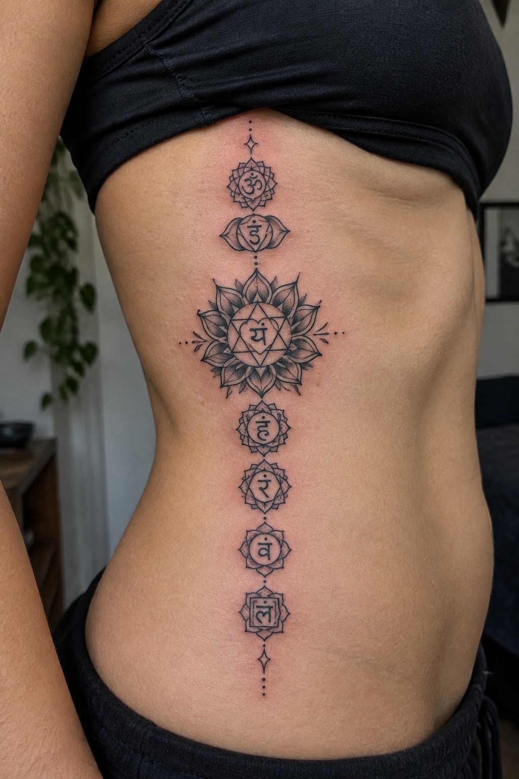 Person's back in black crop top with vertical chakra symbols tattoo along spine
