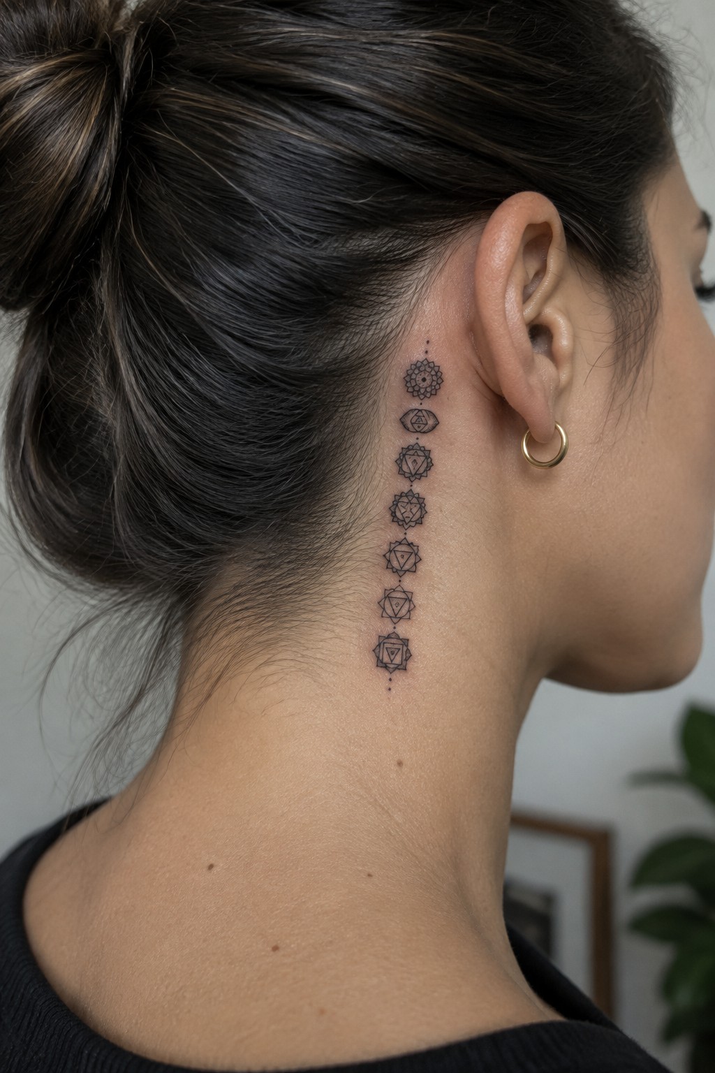 Woman's neck with vertical chakra symbols tattoo behind ear and gold hoop earring