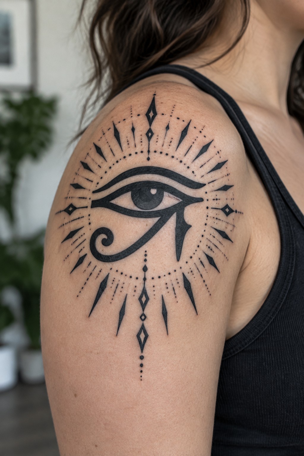 Bold black Eye of Horus tattoo with radiating lines on person's shoulder