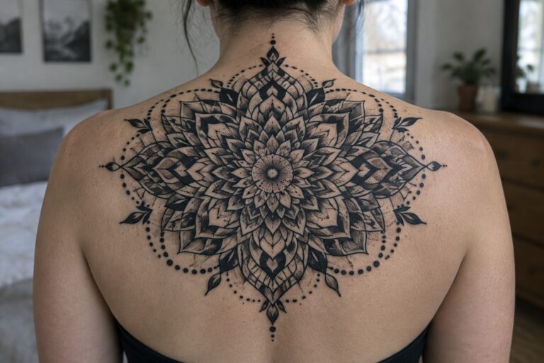 22 Dramatic Blackwork Spiritual Tattoos for Women Featuring Sacred Symbols Woman's upper back with large intricate black mandala tattoo and dark hair in bun
