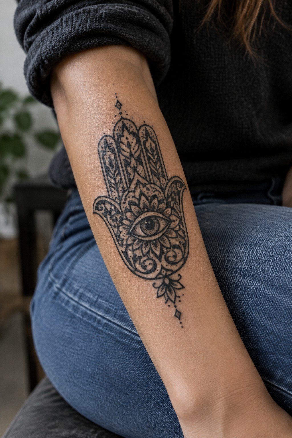 Intricate black Hamsa tattoo with eye on forearm, dark sweater and blue jeans