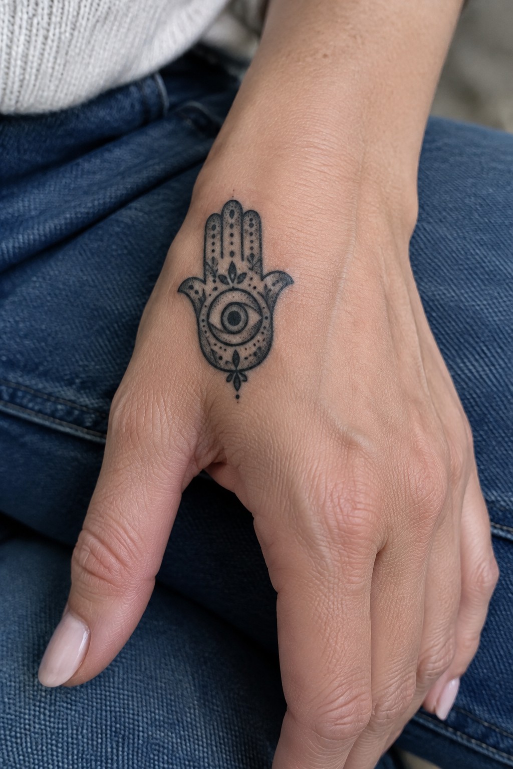Detailed black Hamsa eye tattoo on hand resting on blue denim jeans