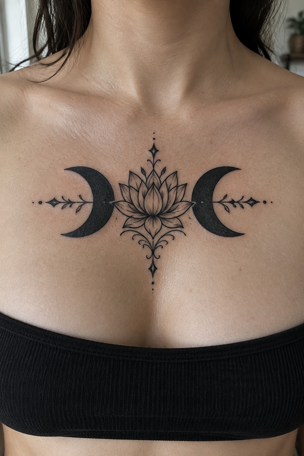 Symmetrical lotus flower and crescent moon tattoo on chest above black top.
