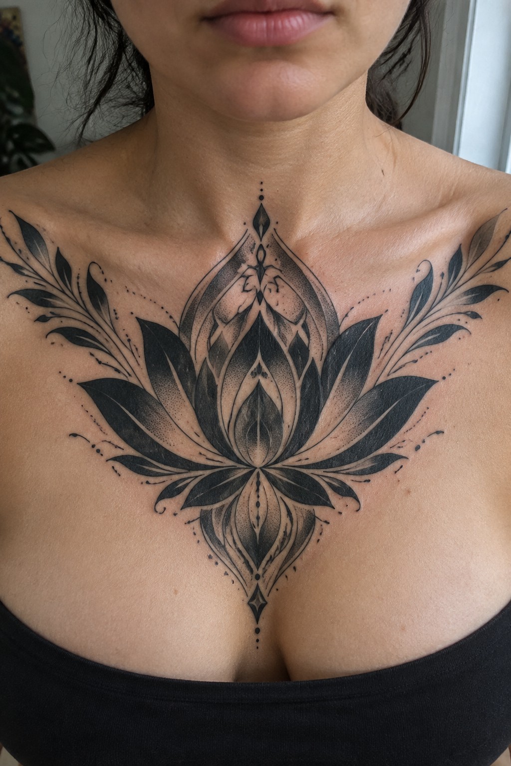 Large black lotus tattoo on woman's upper chest above black top.