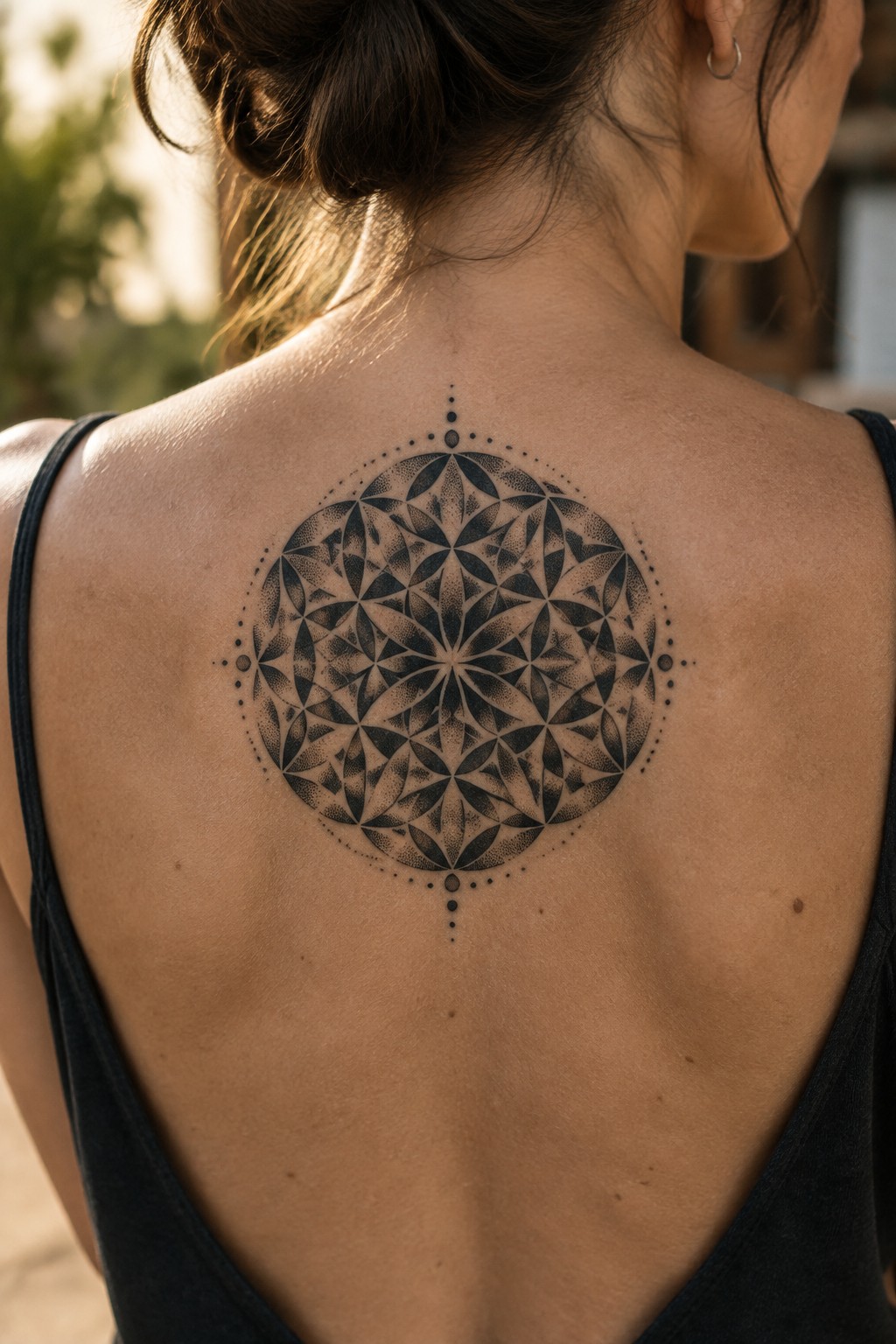 Woman's upper back with large black geometric mandala tattoo over black tank top.