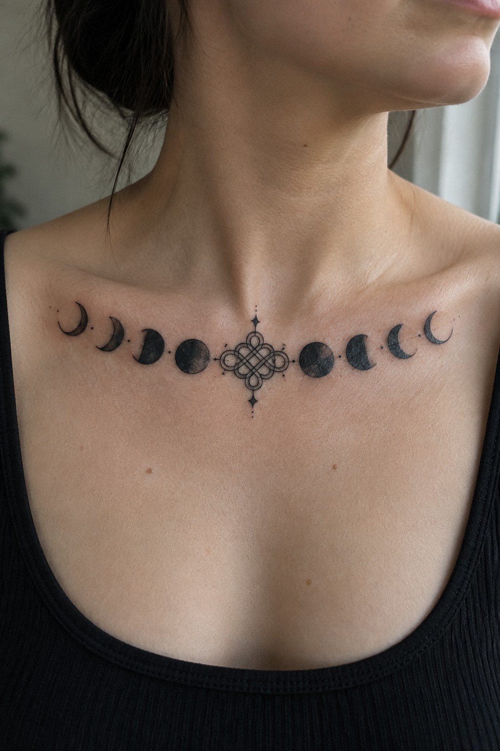 Blackwork moon phase tattoo with central knot symbol across a woman's upper chest below the collarbones