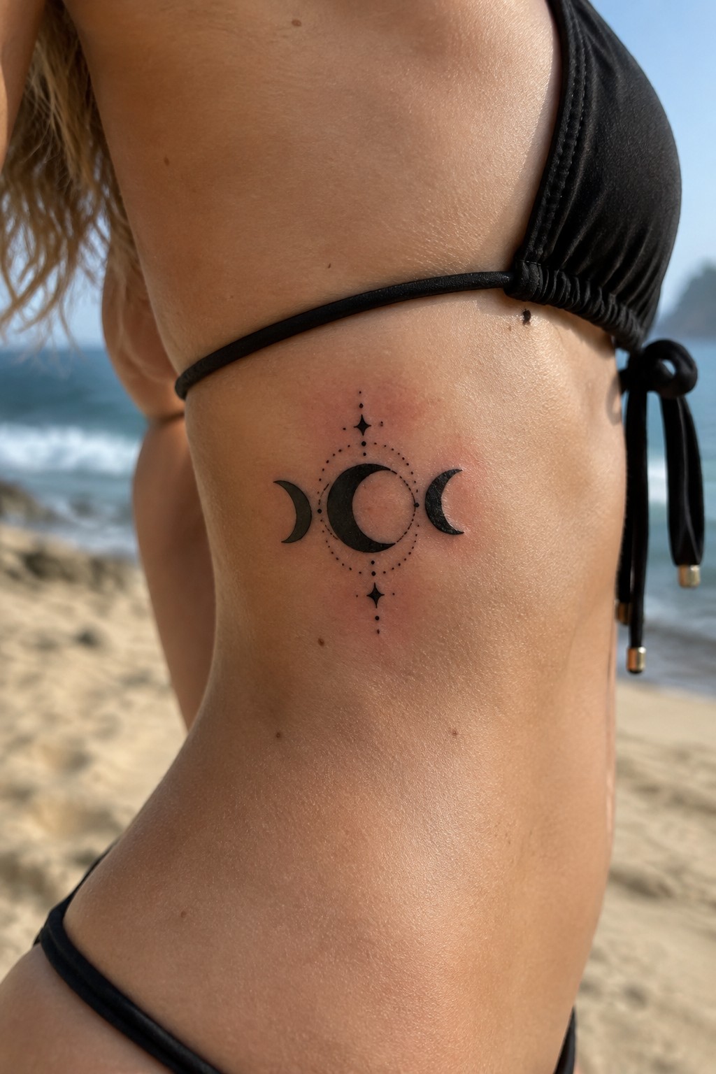 Moon phases tattoo on ribcage of woman in black bikini at beach