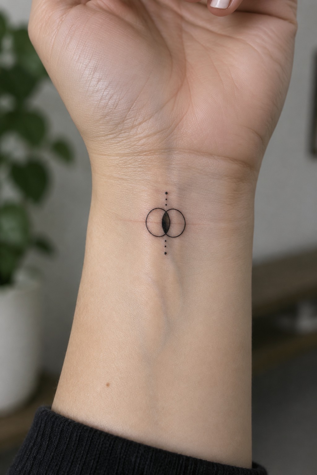 Wrist with black tattoo of two overlapping circles, shaded center, and vertical dots above cuff