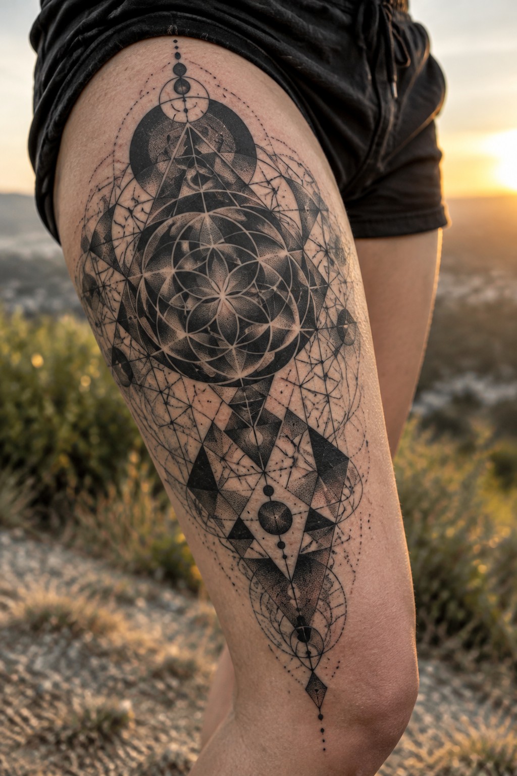 Large geometric tattoo on thigh with black shorts at sunset landscape