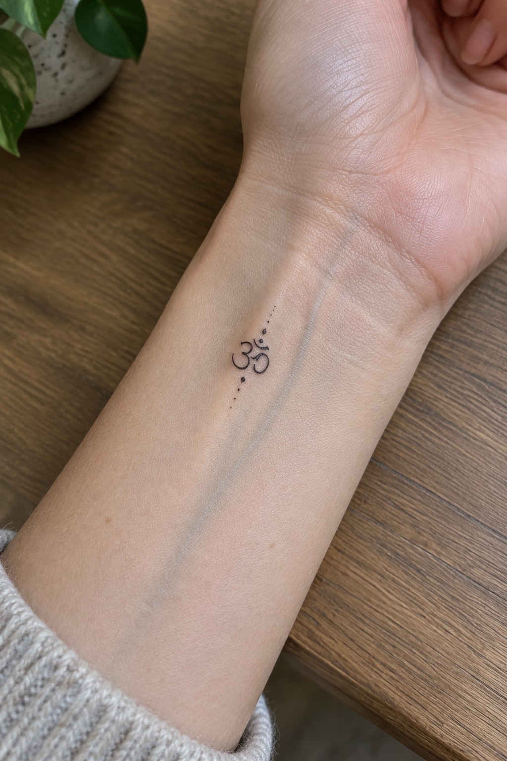 Wrist with Om symbol tattoo and dots beside faint scar on wood
