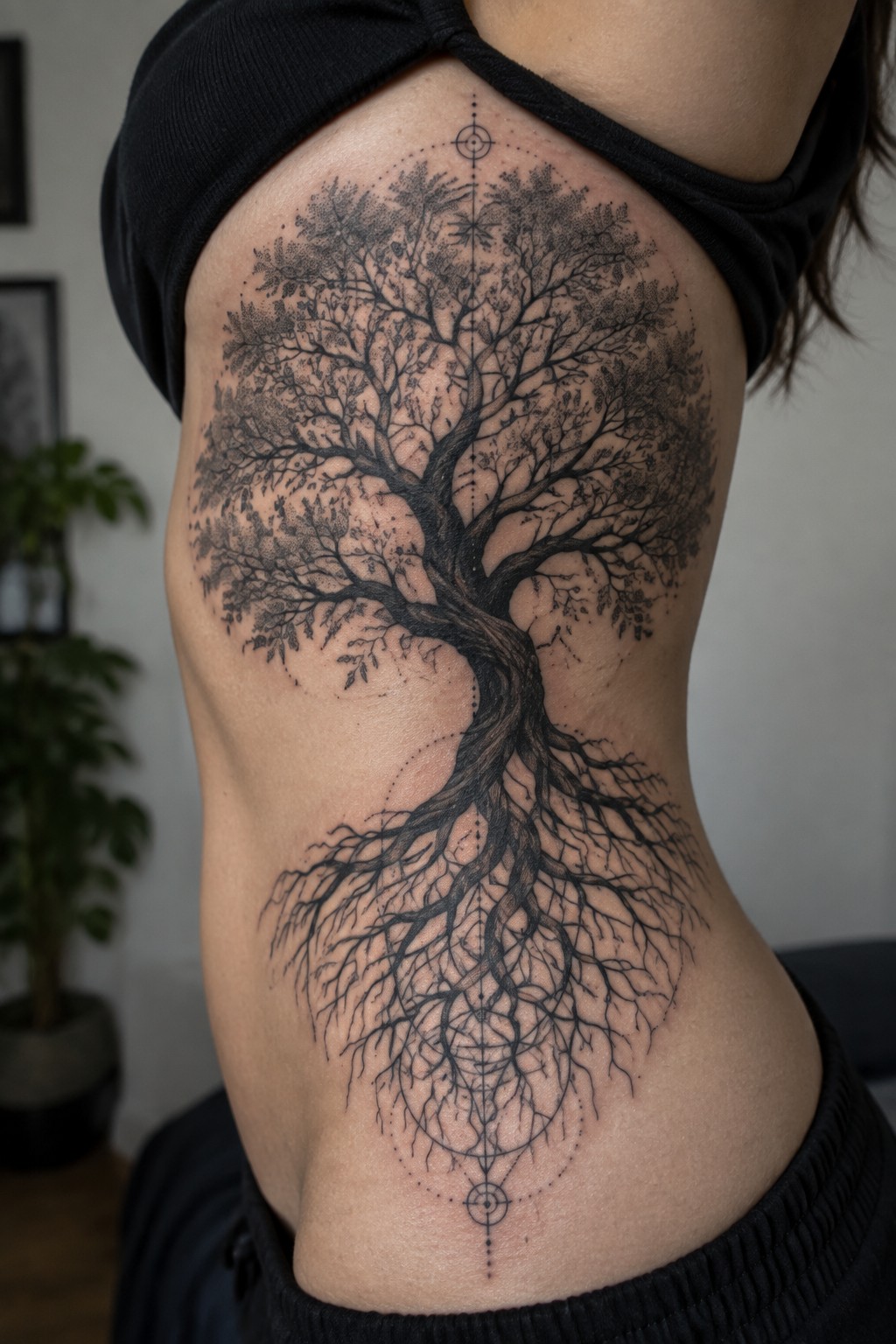 Large tree tattoo with roots and geometric symbols on back in black top