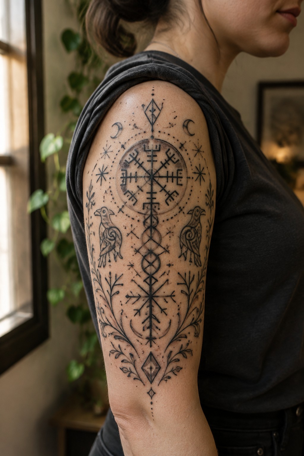 Woman's shoulder with black ink tattoo of central symbol, birds, moons, stars and vines