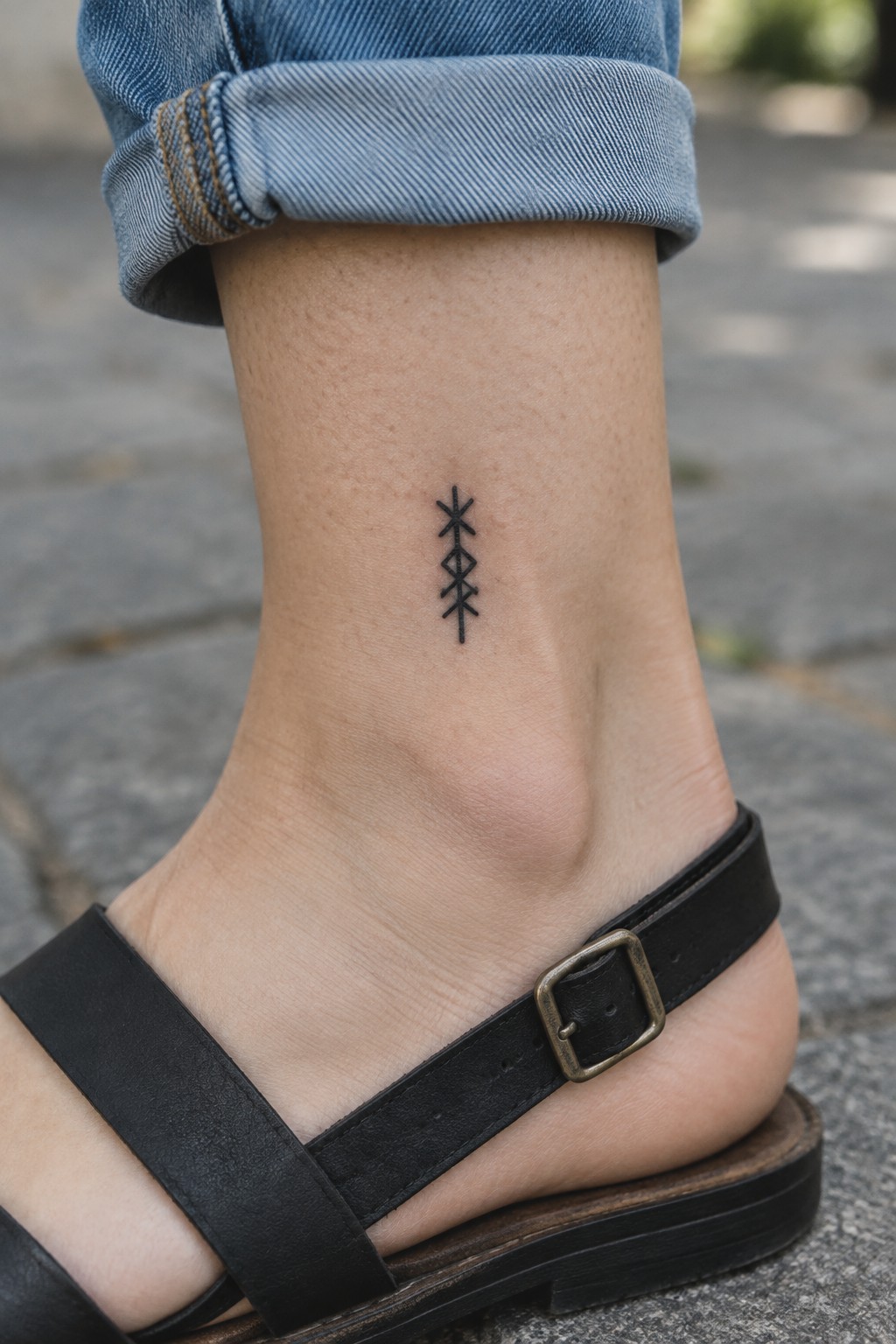 Small black vertical sacred symbol tattoo on the inner ankle above a black sandal strap.