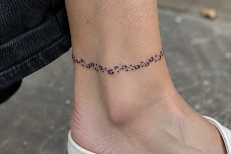 23 Gorgeous Leopard Tattoos for Women Using Fine-Line Spotted Detail Light-skinned ankle with black connected-dot tattoo above white sneaker and sock