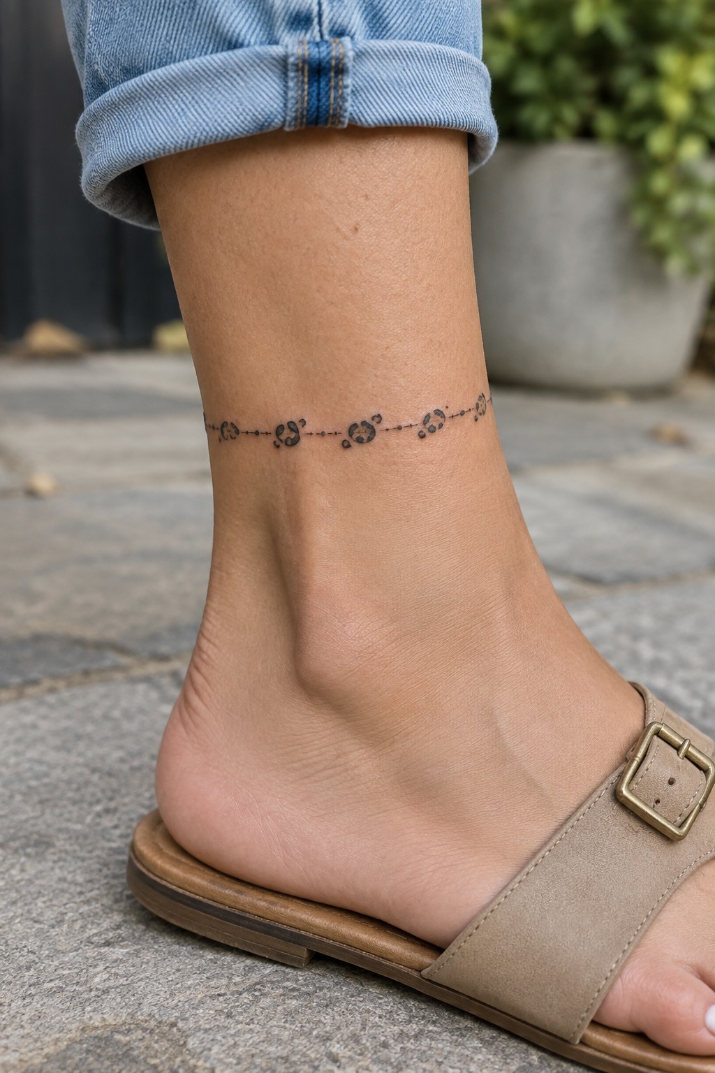 Ankle tattoo of dotted shapes, cuffed blue jeans, beige buckled sandal