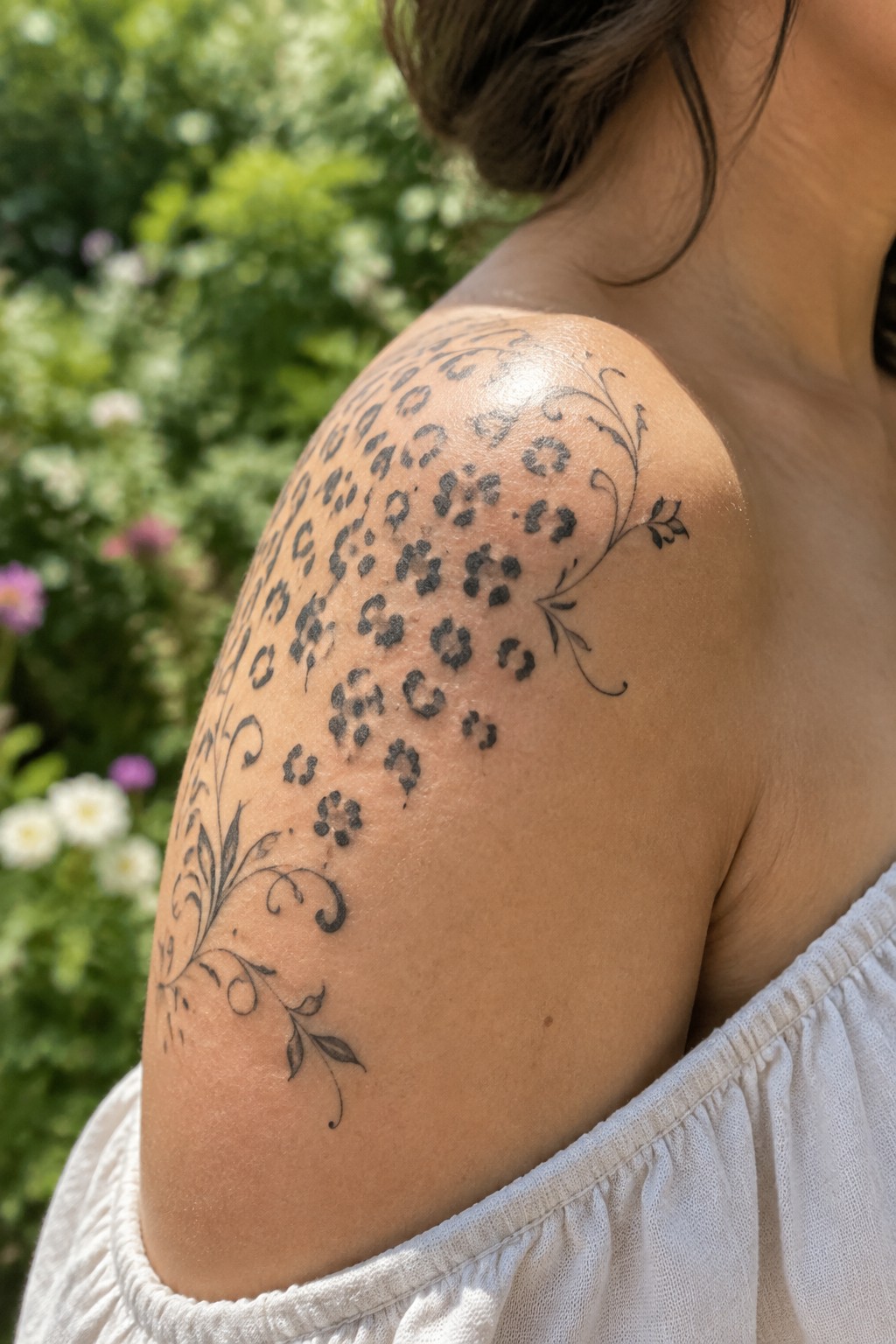 Shoulder with black leopard-print spots and floral vine tattoo over white top