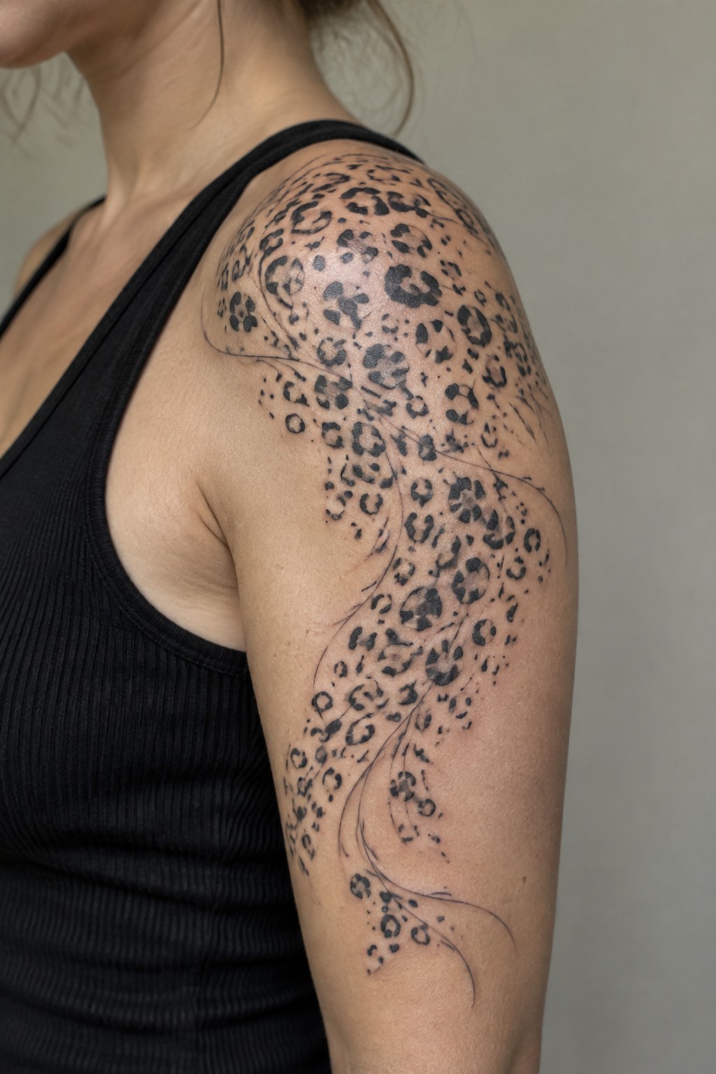 Shoulder with black leopard print tattoo flowing down arm over ribbed tank top.