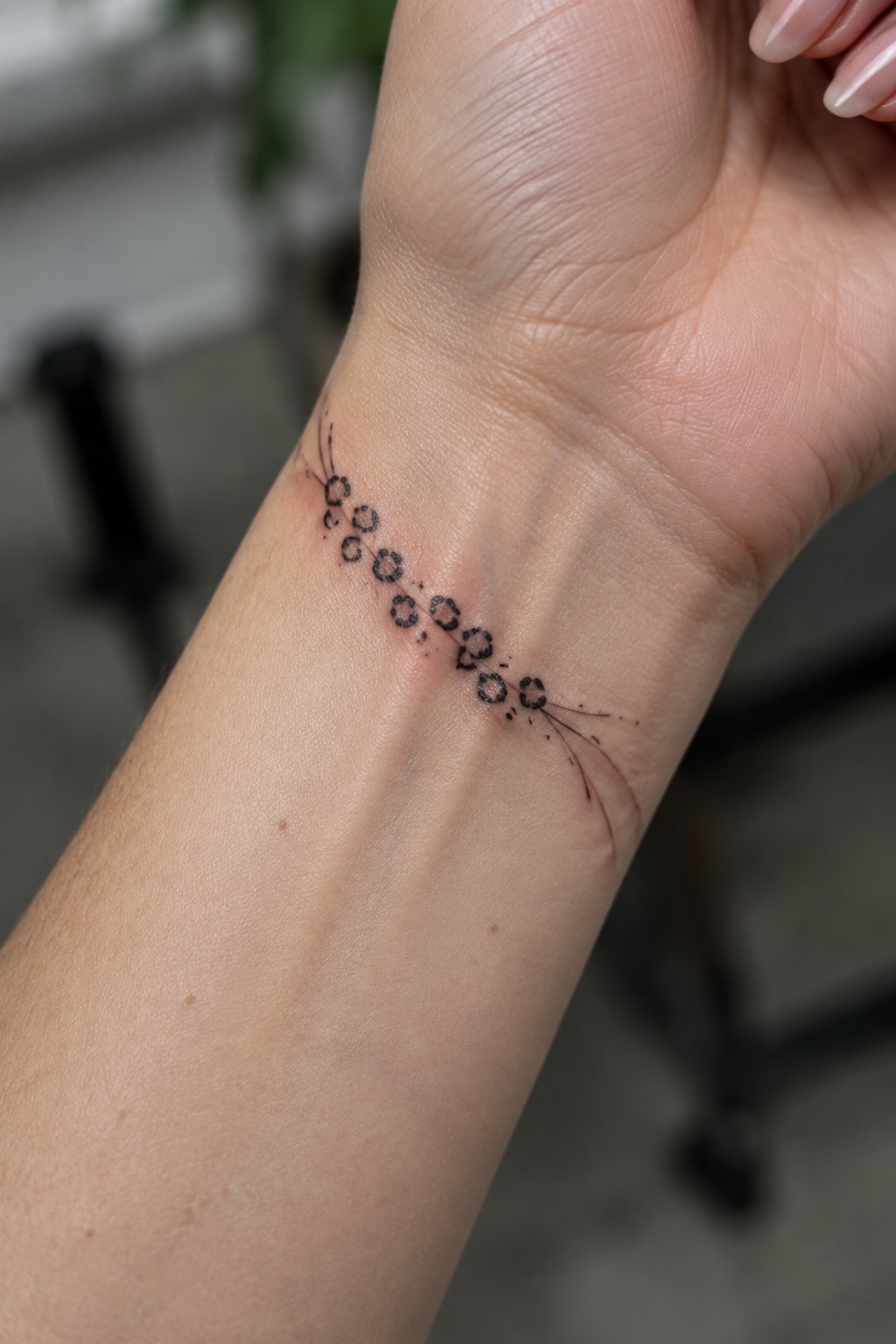 Wrist with black circular tattoo and thin extending lines on light skin