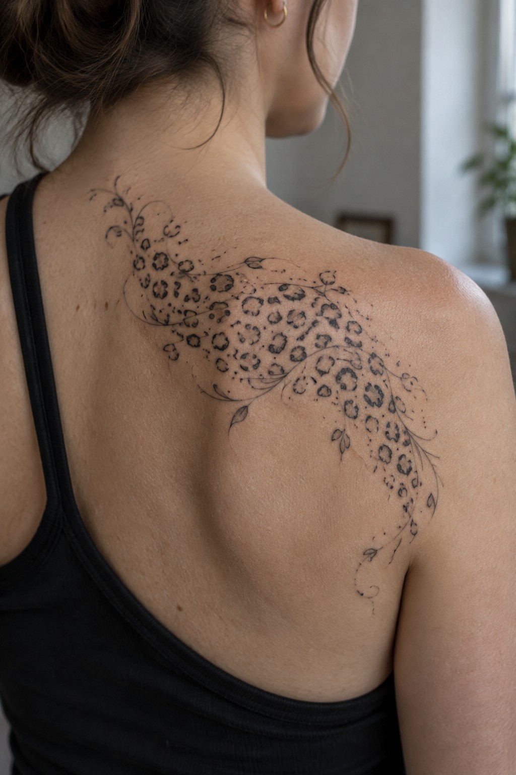 Woman's back with black floral leopard-spot tattoo, wearing black tank top.