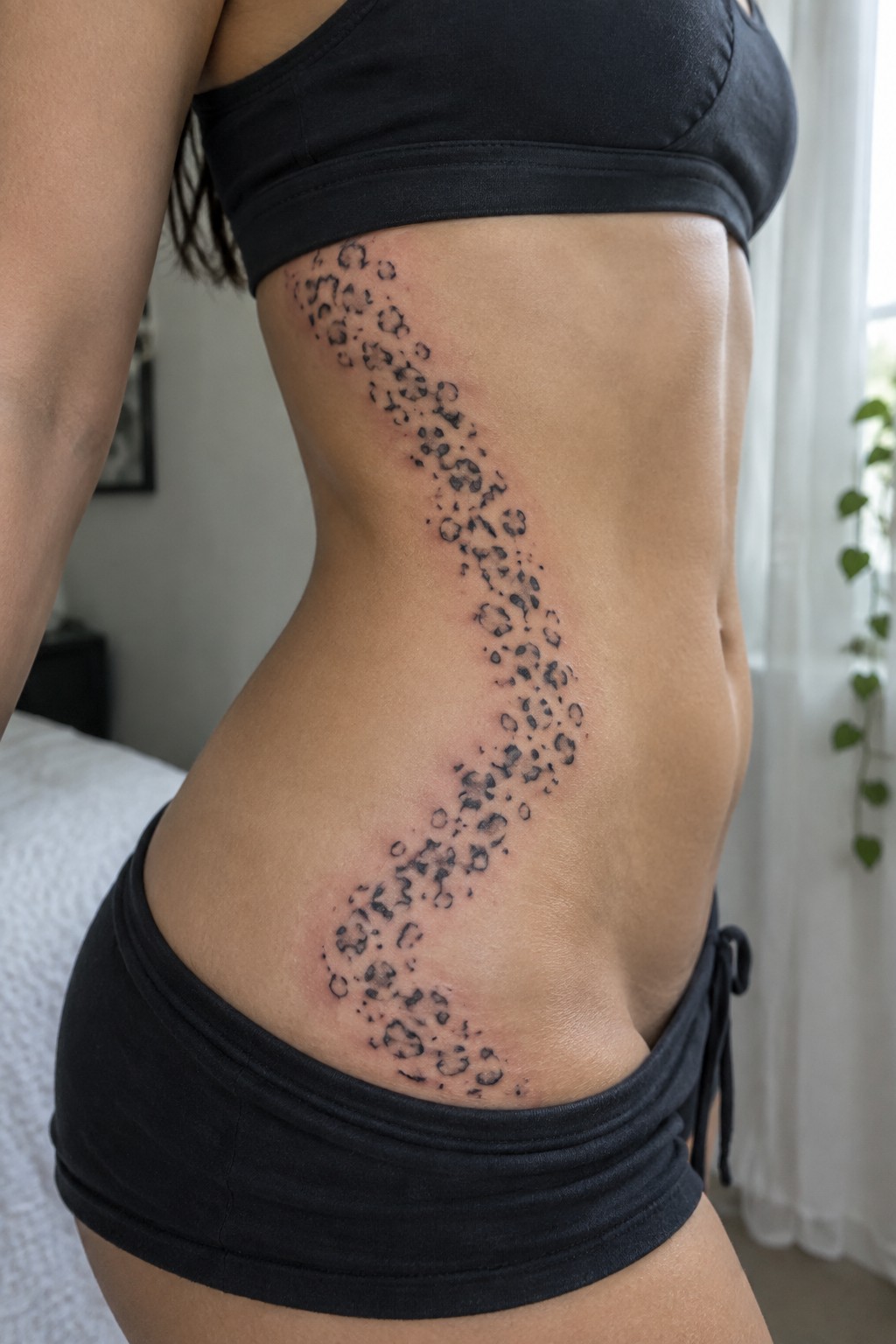 Woman's side with fresh curved leopard-spot tattoo above black shorts and bra.