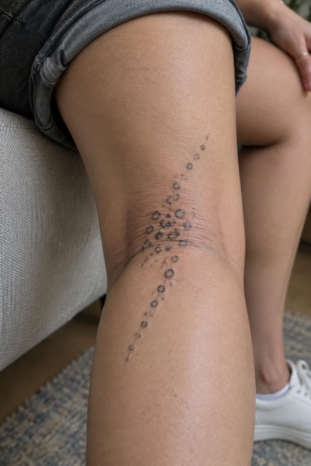 Gray shorts and black connected-circle tattoo on thigh near knee.