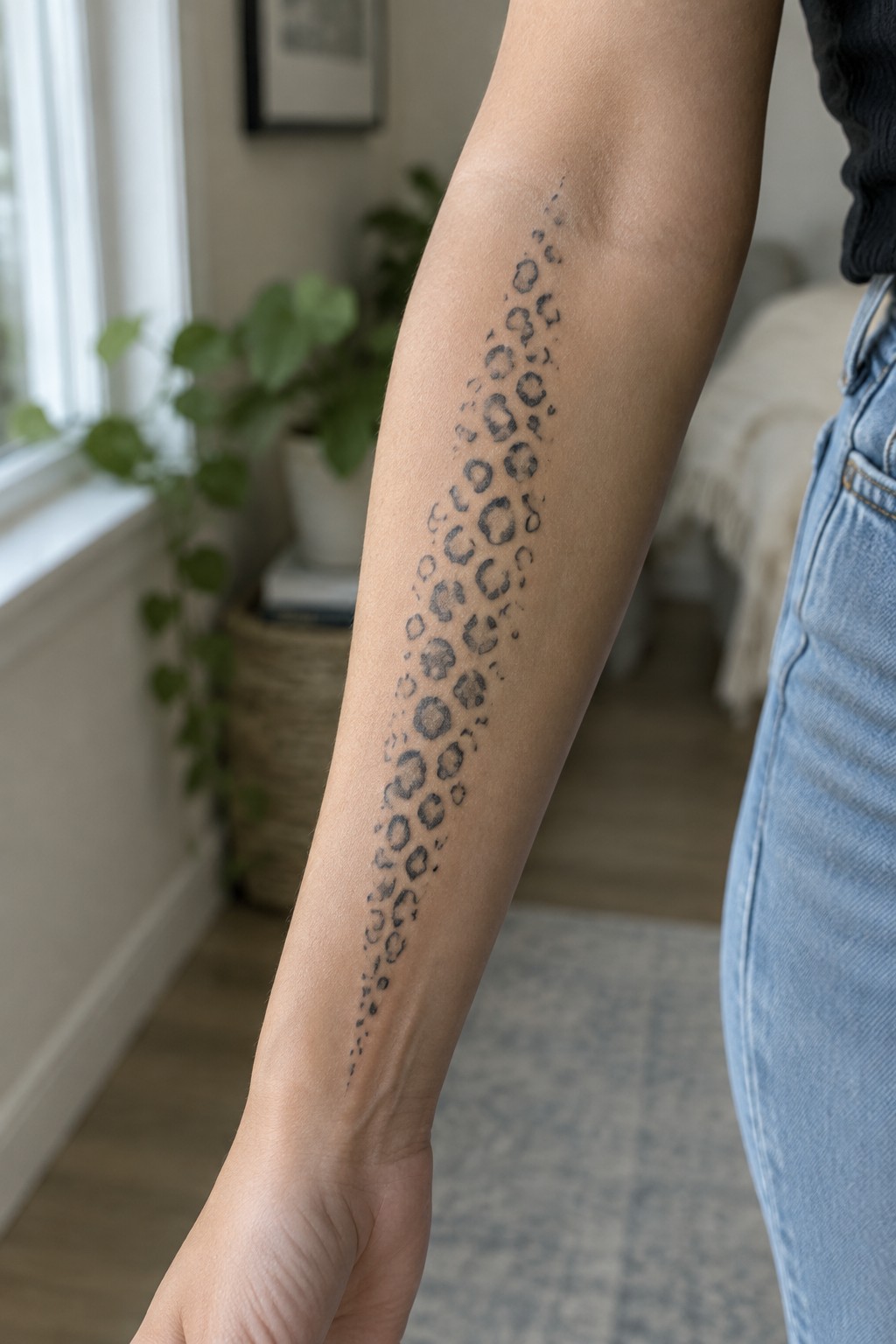 Person's forearm with vertical black leopard print tattoo, blue jeans visible in room