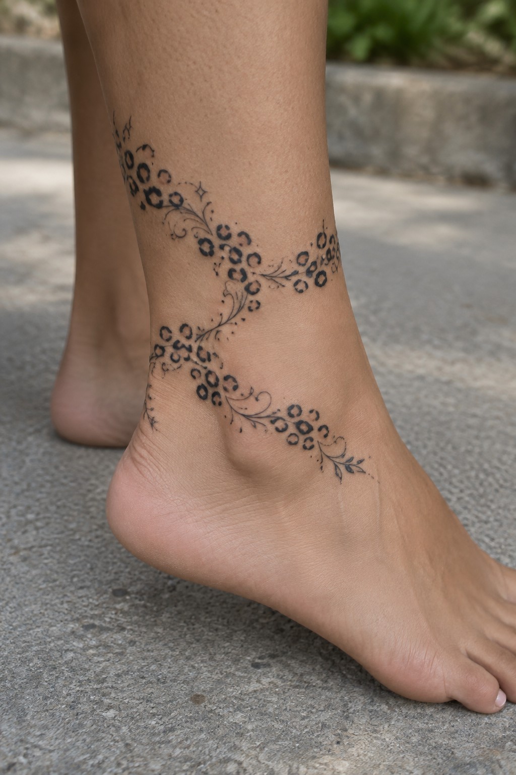 Black floral tattoo with swirls and spots wrapping around bare ankle and foot.
