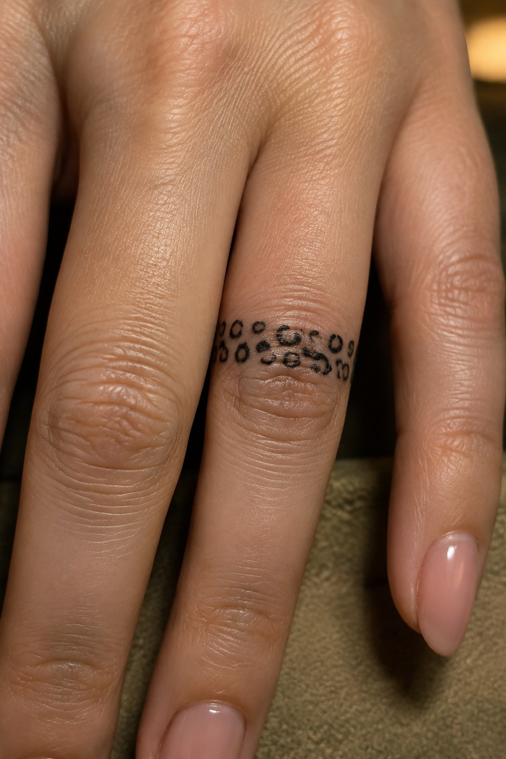 Fine line black tattoo of leopard spots forming a thin band around the side of a finger.