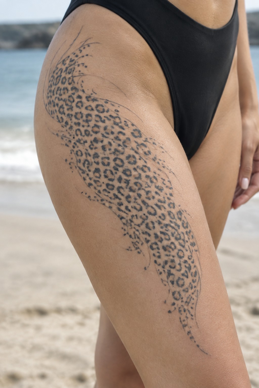 Leopard tattoo on thigh of person in black swimsuit at beach