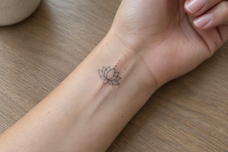 Delicate lotus flower tattoo with dotted accents on inner wrist over wood