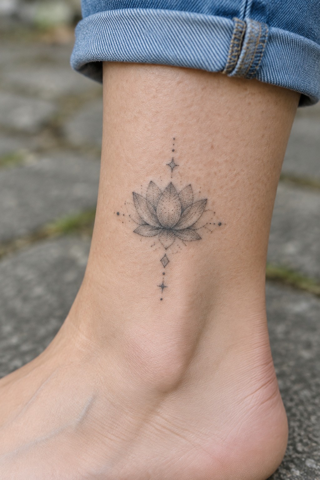Lotus flower tattoo with stars on ankle below rolled blue jeans cuff