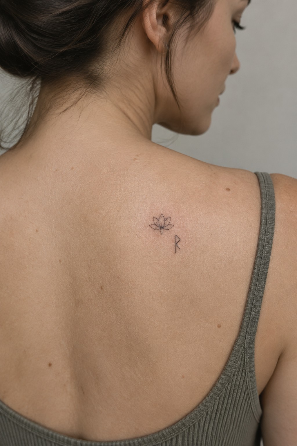 Woman's upper back with small lotus tattoo and symbol above gray tank top
