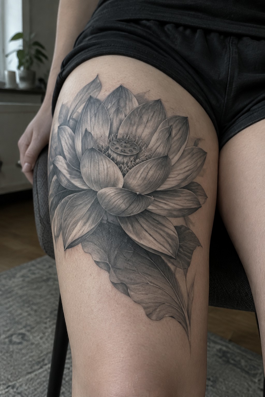 Realistic black-and-gray lotus flower tattoo on thigh with black shorts visible.