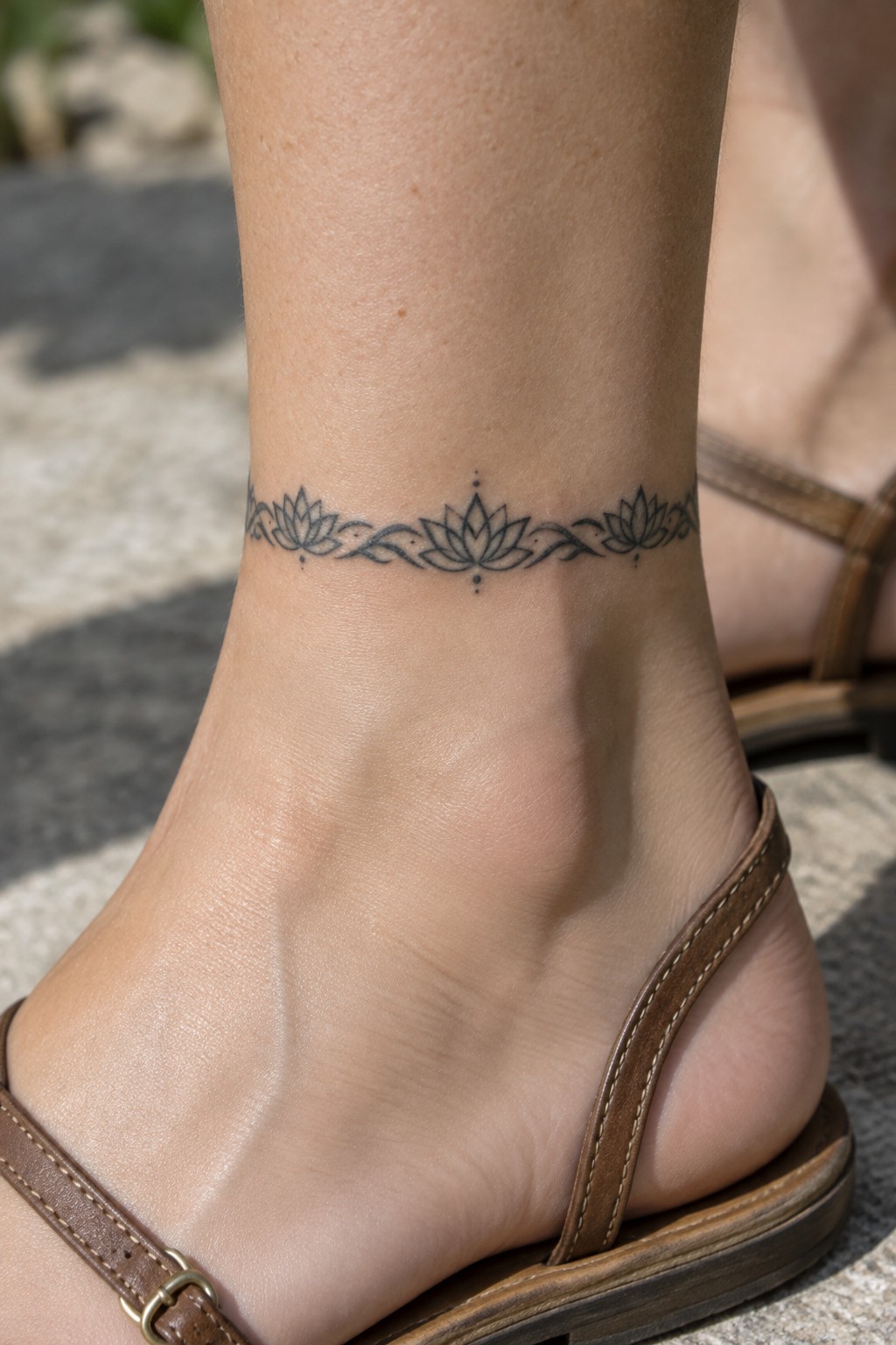 Lotus flower tattoo band around ankle above brown leather sandal.