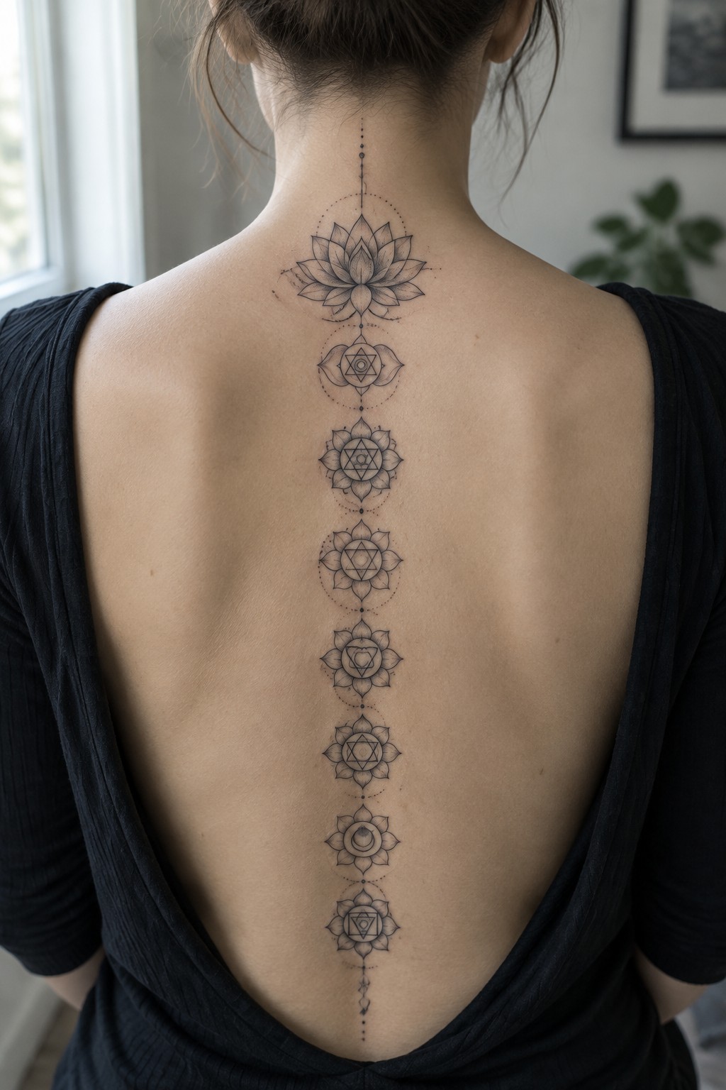 Woman's back with vertical chakra lotus tattoo under open black top