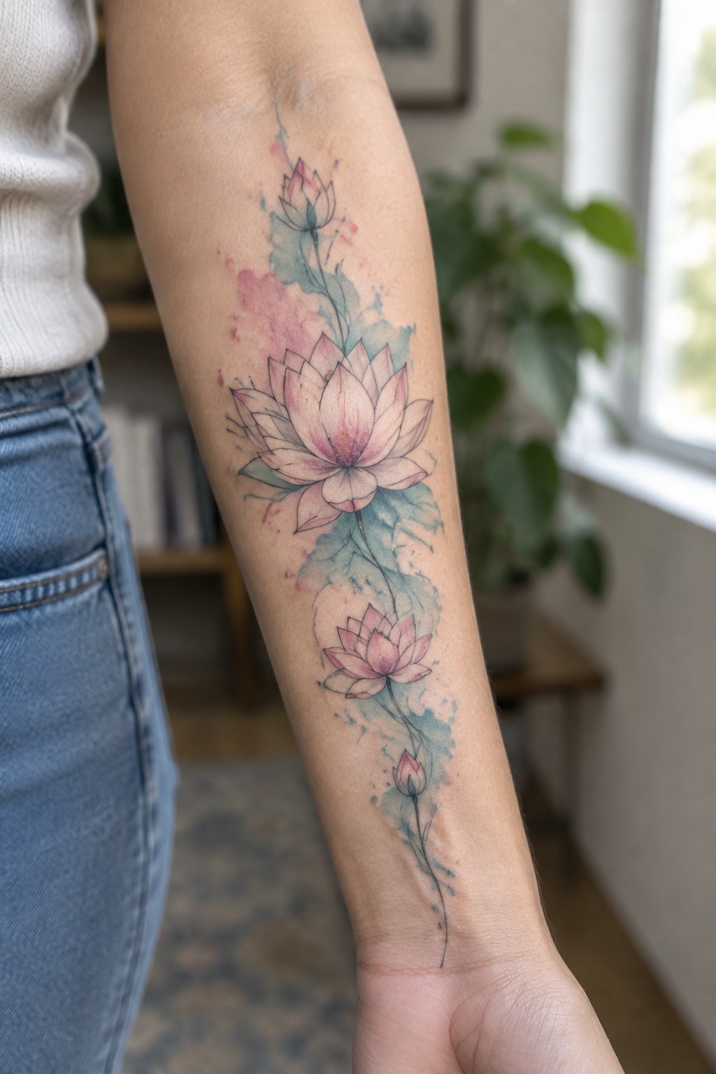 Vertical lotus tattoo on inner forearm showing three pink blooms with watercolor splashes in pink and teal.