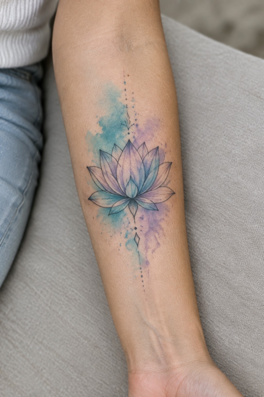Blue-purple watercolor lotus tattoo with dotted accents on forearm beside white sweater